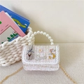 Pink tweed girls princess purse with pearl handle and floral bow charms for toddlers - White Rabbit