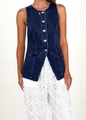 Dettaglio gilet in denim blu scuro con scollo rotondo e bottoni metallici da donna - S / Blu scuro