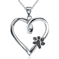 Silver hollow heart necklace with a black animal paw print pendant on a link chain - White Gold