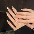 Handmade pearl cat-eye press-on nails with French gold glitter and tulip flower designs - Extra Small (XS) / 69-Medium Coffin