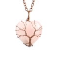 Pink quartz heart pendant with bronze tree of life wire wrap on metal chain - Antique Copper + Rose Quartz