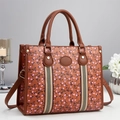 Brown cherry print tote bag with striped handles and adjustable shoulder strap for women - Cherry Print / Khaki