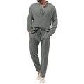 Detailed texture of men's moss green waffle knit long sleeve shirt and drawstring pants - S / Dark Gray