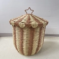 Nordic mushroom-style woven storage basket with lid and star handle in beige and red - Circus Beige Coffee - Large