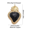 Golden heart pendant with black enamel center and flame detail, 38mm height in copper - Copper