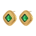 Vintage style square green gemstone earrings with textured 18K gold plated steel frame - Green