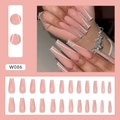 Long coffin press-on nails set with pink base, silver glitter, and white swirl designs - French Galaxy(W086) / Glue Type