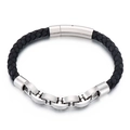 Men's black braided leather bracelet with silver stainless steel chain and magnetic clasp - 21cm / Steel Polished Silver (KB154959-KFC)