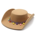 Ethnic Western cowboy hat in camel felt with colorful pom-poms and geometric band - M (56-59cm) / Camel