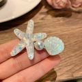 Starfish and seashell hair clip with pearls and colorful sequins in iridescent white - 5895 Shell Starfish Pearl Hair Clip-White