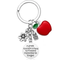 Detail of teacher keychain with red enamel apple, owl charm, and engraved metal disk - A5-Round Plate