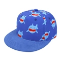 Kids navy flat brim baseball cap featuring cute all-over blue shark cartoon prints - Shark