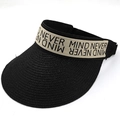 Women's black straw sun visor hat with wide brim and MIND NEVER lettered band - Black