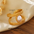 Double layered gold stainless steel open ring with an elegant oval pearl center - Beaded Texture Double Pearl Style (ZN1503-1185)