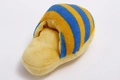 Plush squeaky dog toy in yellow slipper shape with blue stripes for interactive pet play - Yellow Blue Slipper