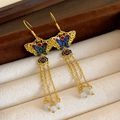 Orecchini a farfalla cinesi dorati con smalto e nappe di perle bianche di stile antico - Stile Nappa di Loto Farfalla Placcato Oro 18K / Ganci per orecchini