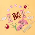 Pink and red Chinese wedding cake toppers with Xi characters and auspicious scrolls - Wedding Red Magpie Decoration Set