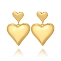 Detailed view of 18K gold plated double heart drop earrings with a polished mirror finish - All-Metal Mirror Style (E1040) / Gold