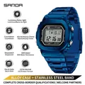 Dark blue square digital sports watch with alloy case and stainless steel strap - Blue White (SANDA)
