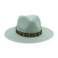 Chapeau Fedora en paille vert menthe avec ruban en cuir marron et perles décoratives - Taille unique / Chapeau de Paille Vert Menthe (Bande en Cuir Café)