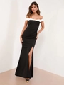 Elegant off-shoulder black and white bodycon evening gown with high side slit detail - S / Black