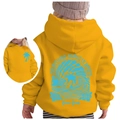Kids' bright yellow hoodie with blue Chasing Sunsets wave print on the back - Yellow/Blue Print / 100cm