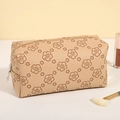 Vintage floral PU leather makeup bag in beige with zipper closure and flower prints - Khaki