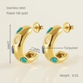 18K gold plated stainless steel C-shape earrings inlaid with turquoise and gems - Turquoise Multi-Color Gemstone C-Shape Style (711)