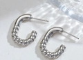 Silver stainless steel C-shaped earrings with twisted rope design and polished finish - Silver Style K7-890