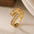 Luxurious 18K gold plated bypass ring with baguette and princess cut cubic zirconia - Double Row Baguette Zircon Bypass Ring