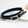Women's slim black leather belt with golden rectangle buckle on white plate - Black