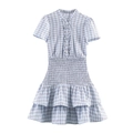 Hellblaues kariertes Kleid mit geraffter Taille und Rüschensaum auf weißem Grund - XS / Hellblau
