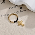 Anello di perline con croce, sfere dorate e perle nere sfaccettate in stile vintage retrò - Pendaglio a Croce / Perline Oro e Nero