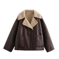 Women's dark brown faux shearling jacket with leather exterior and warm white fur collar - XS / Dark Brown