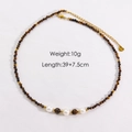 Detail view of tiger eye beads and pearls necklace with 10g weight and length specs - Yellow Tiger Eye Necklace