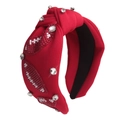Red fabric knotted headband with white bead leaf patterns and sparkling rhinestones - 14# Red (Red White Beaded Leaves)
