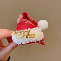 Close-up of a festive red knitted Christmas hat hair clip with plush white trim and gold lettering - 36# Christmas Knitted Hat Duckbill Clip