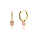 Detailed view of S925 gold-plated hoop earrings with pink hearts and zircon stones - LN0202-1 Pink Heart Pendant Hoop Earrings