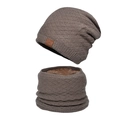 Winter coffee brown knit hat and neck warmer set with warm fleece lining and diamond pattern - Khaki