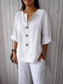 Ensemble blanc en coton et lin pour femme avec haut à col en V et pantalon large - 3XL / Blanc (3 Boutons)