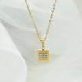 Square gold pendant necklace with sixteen cubic zirconia stones on thin chain link - Square Necklace N0102