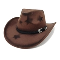 Close-up of brown wool western cowboy hat with star patterns and silver buckle - Coffee