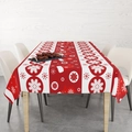 Detail of red Christmas tablecloth with snowflake patterns and fabric texture - 140x200cm / Red and White Snowflakes Gloves and Socks Print