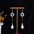 Chinese style long tassel earrings with white jade, red beads, and golden butterfly hook - E2423-4 (Retro Red & White)