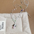 Collier de perles colorées avec pendentif chiot noir et blanc et cordon bleu clair - Cordon en Soie Chien de Dessin Animé - Bleu (18#)