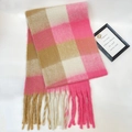 Pink and white checkered mohair pashmina scarf with fringe details on white background - Camel Beige Pink Plaid