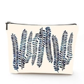 Detail of linen toiletry bag with blue leaf pattern and secure metal zipper closure - Blue Leaf