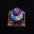 Amethyst crystal pyramid ornament with golden foil and sacred mandala resin detail - QK27 Pentagram / 6cm
