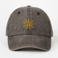 Unisex washed dark grey baseball cap with vintage yellow sun embroidery on the front - Coffee