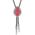 Silver crown bolo tie with red cracked gemstone and black braided leather cord - Red